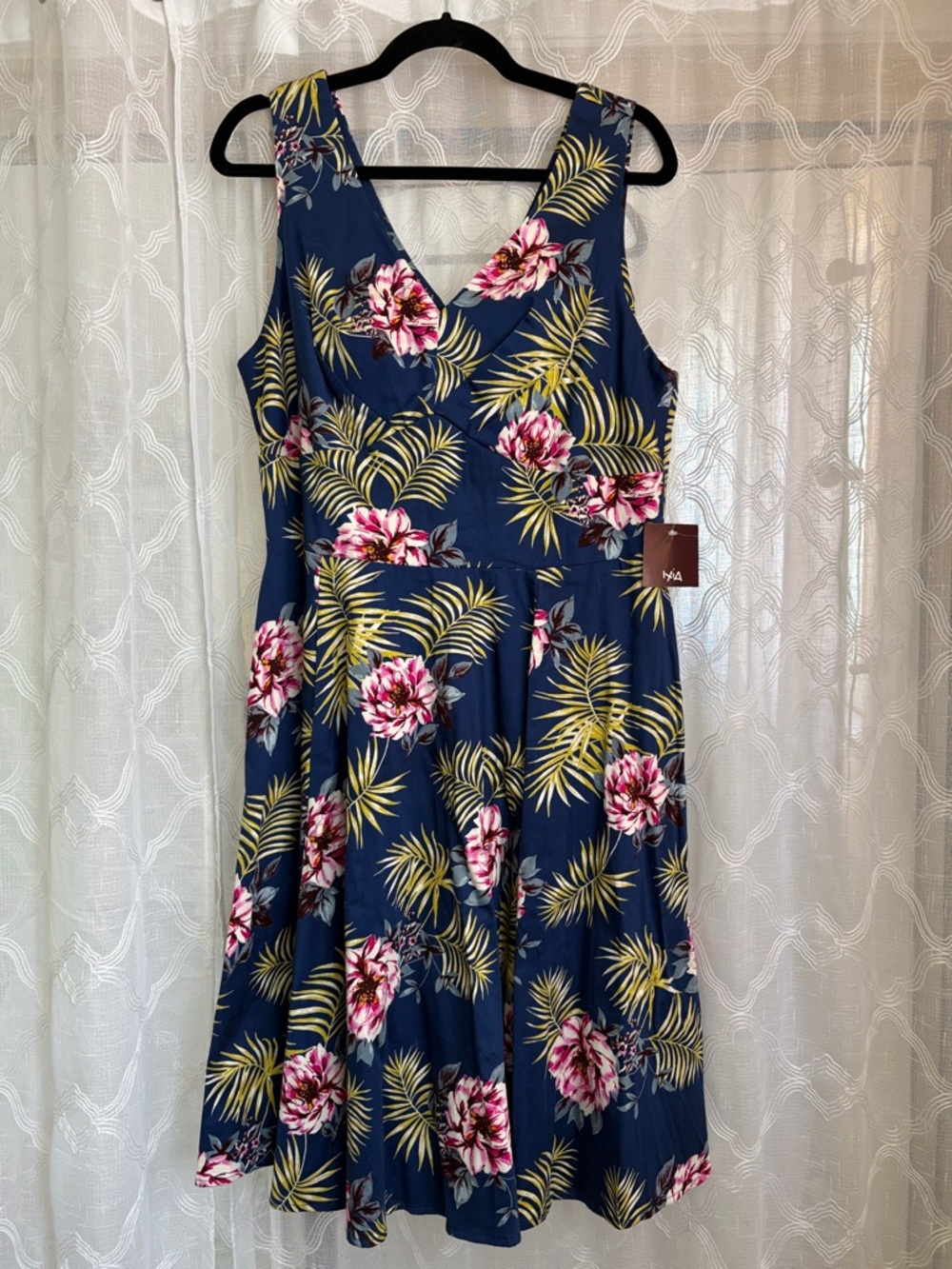 Navy Floral V-Neck Midi Dress with Pink Bloom Print